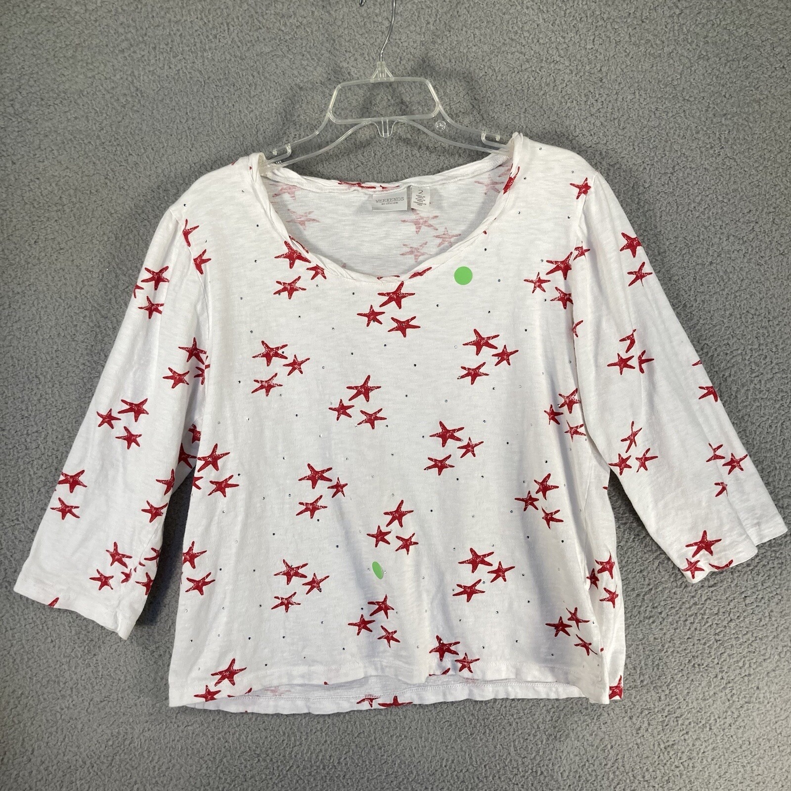 Weekends By Chico's Top Womens 2 White W/Red Stars Rhinestones 3/4 Sleeve Stains